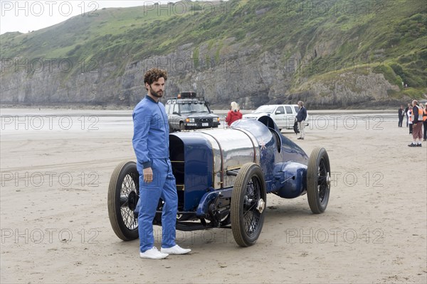 1925 Sunbeam 350 hp at Pendine Sands 2015 with model in costume. Creator: Unknown.