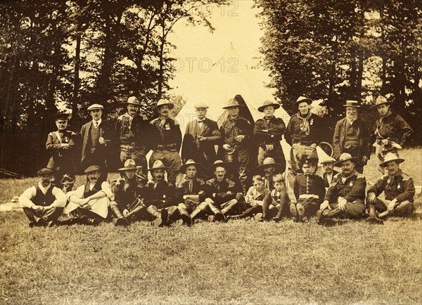 Group of men in uniform in front of a tipi, Buckinghamshire, 1913.  Creator: Unknown.