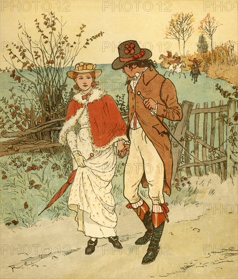 Two young lovers in a lane, c1880. Creator: Randolph Caldecott.