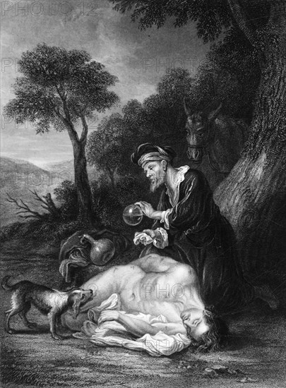 'He bound up his wounds, pouring in oil and wine', c1830s. Creator: GH Adcock.