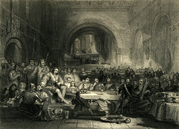 'Prince Llewellyn & His Barons, in his Palace near Aber', c1836.  Creators: Unknown, William Radclyffe.