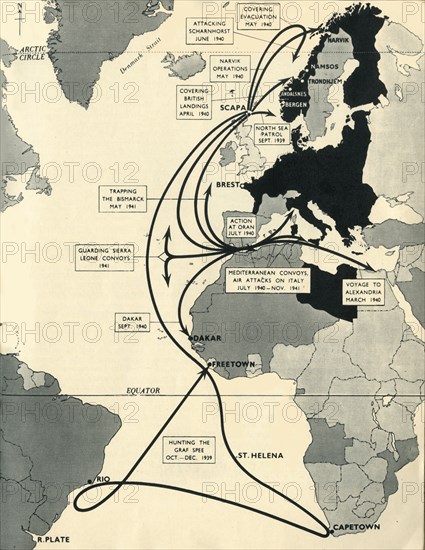 Map showing the movements of 'HMS Ark Royal', 1939-1941, (1942). Creator: Unknown.