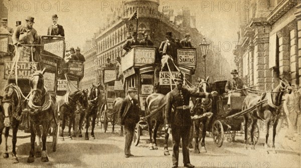 'A Traffic Block in 1900 - A scene outside the Mansion House', (1933). Creator: Unknown.