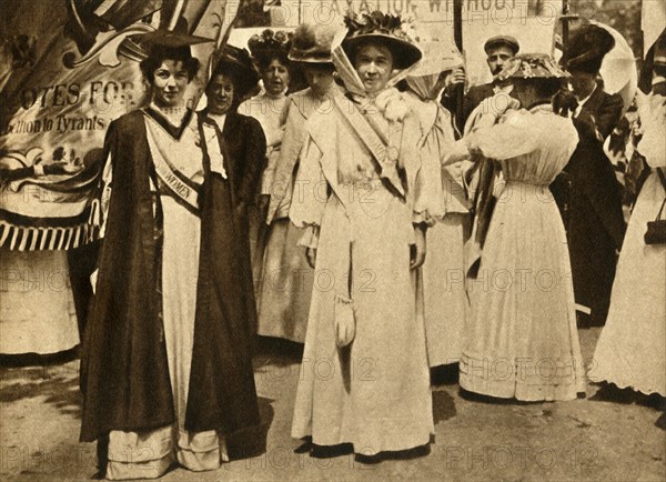 Christabel Pankhurst and Emmeline Pethick-Lawrence, Hyde Park, London, 21 June 1908, (1933).  Creator: Unknown.