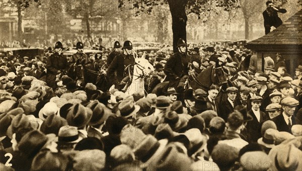 Mounted police and marchers, Means Test protests, Hyde Park, London, 1932, (1933). Creator: Unknown.