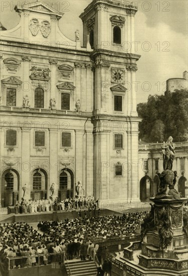 Jedermann performed in front of Salzburg Cathedral, Salzburg, Austria, c1935.  Creator: Unknown.