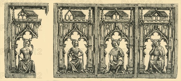 Knights and Ladies Seated under Canopies, pierced ivory panel, mid-late 14th century, (1881). Creator: Frederick Albert Slocombe.