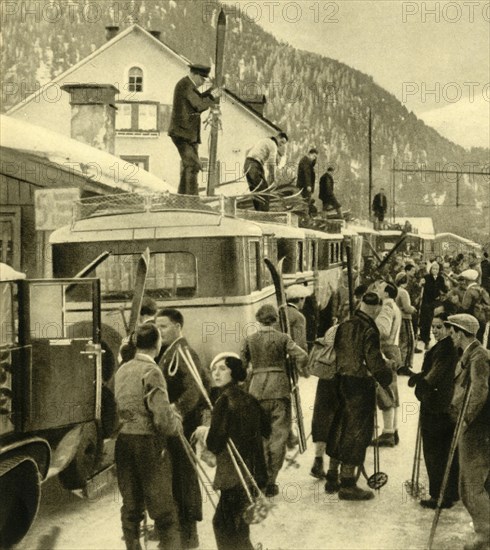 Skiers arriving at St Anton am Arlberg, Austria, c1935.  Creator: Unknown.