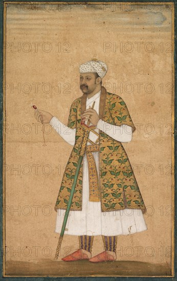 A Courtier, Possibly Khan Alam, Holding a Spinel and a Deccan Sword, c. 1605-1610. Creator: Govardhan (Indian, active c.1596-1645), attributed to ; Abd al-Rahim, the Anbarin-Qalam (Indian, active c. 1590-1630).