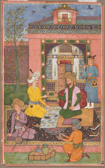 A feast in a pavilion setting, c. 1620. Creator: Muhammad Ali (Persian, active 1590-1620), attributed to.