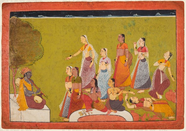 A group of women in ecstasy before before Madhava, from a Madhavanala Kamakandala series, c1700. Creator: Unknown.