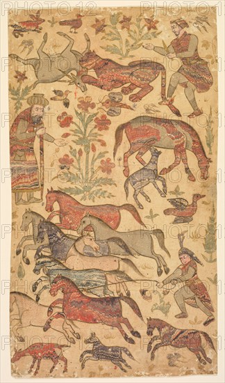 A marbled picture of Rustam catching Rakhsh, c. 1650. Creator: Shafi (Indian, active about 1650), attributed to.