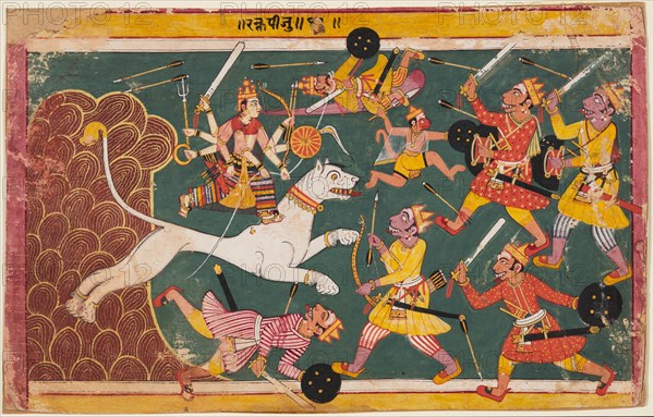 A page from the Devi-Mahatmya: The Goddess as the Drinker of the Demon Raktabija, c. 1640. Creator: Unknown.