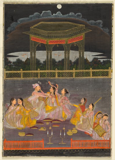 A prince celebrating Holi with palace women on a terrace at night, c. 1760. Creator: Unknown.