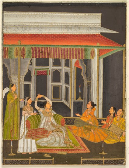 A princess on a terrace with attendants at night (recto); Calligraphy (verso), c. 1760. Creator: Unknown.