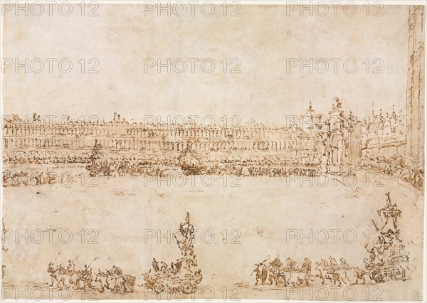 A Procession of Triumphal Cars in the Piazza San Marco, Venice, Celebrating the Visit..., 1782. Creator: Francesco Guardi (Italian, 1712-1793).
