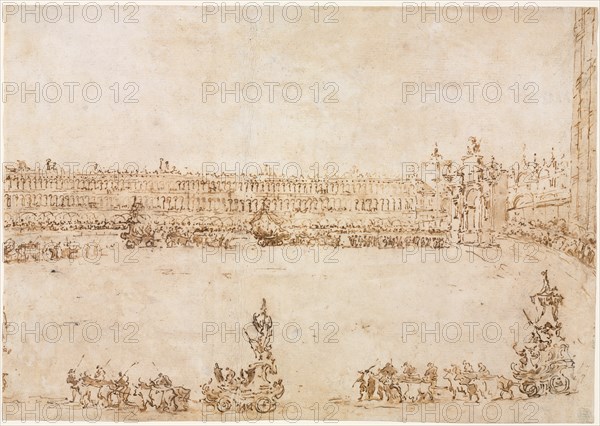 A Procession of Triumphal Cars in the Piazza San Marco, Venice, Celebrating the Visit..., 1782. Creator: Francesco Guardi (Italian, 1712-1793).