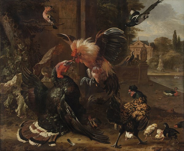 A Rooster and Turkey Fighting, c. 1680. Creator: Melchior de Hondecoeter (Dutch, 1636-1695).