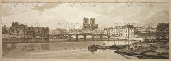 A Selection of Twenty of the Most Picturesque Views in Paris: View of Pont de la Tournelle..., 1802. Creator: Thomas Girtin (British, 1775-1802); Frederick Christian Lewis (British, 1779-1856).