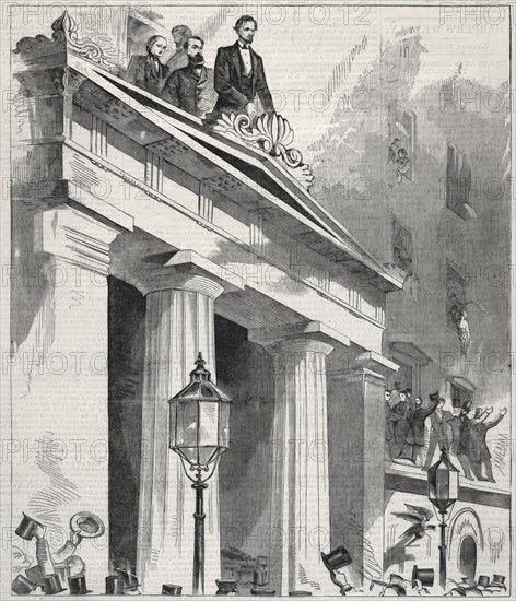 Abraham Lincoln, The President Elect, addressing the People from the Astor House Balcony..., 1861. Creator: Winslow Homer (American, 1836-1910).