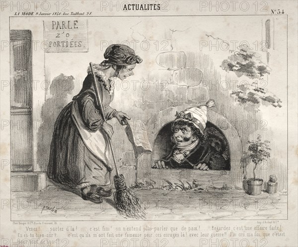 Actualités: Venez! ...sortez dla! ... cest fini! on nentend plus parler que de paix!.... Creator: Clémente Pruche (French, 1831-1870).