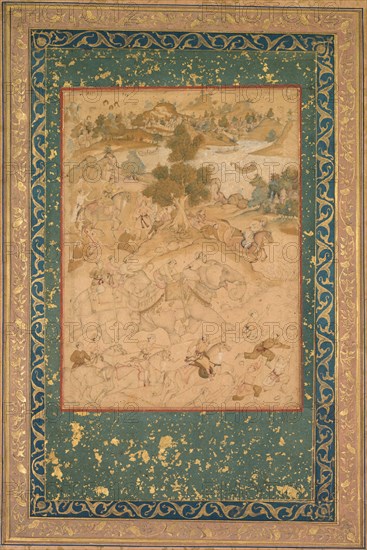 Akbar supervising the capture of wild elephants at Malwa in 1564, painting 90?, c. 1602-3. Creator: Farukh Chela (Indian), attributed to ; Govardhan (Indian, active c.1596-1645), or ; Dhanraj (Indian), or.