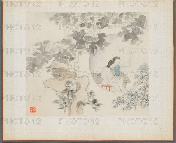 Album of Landscape Paintings Illustrating Old Poems: Two Women Sit at a Table..., 1700s. Creator: Hua Yan (Chinese, 1682-about 1765).