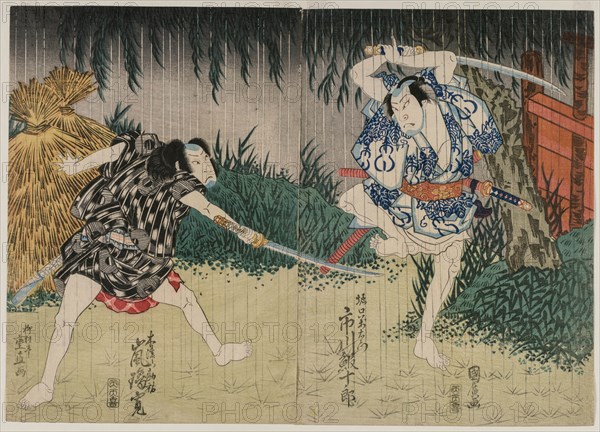 Arashi Rikan II as Kizu Kansuke; Ichikawa Ebijuro II as Horiguchi Manzaemon, 1829. Creator: Shigenao (Japanese); Utagawa Kunihiro (Japanese).
