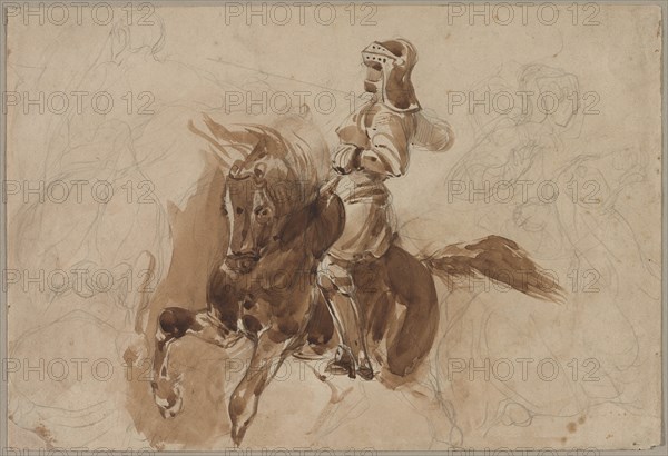 Armored Figure on Horseback (recto); Horse in Front of a Barn (verso), c. 1828. Creator: Eugène Delacroix (French, 1798-1863).