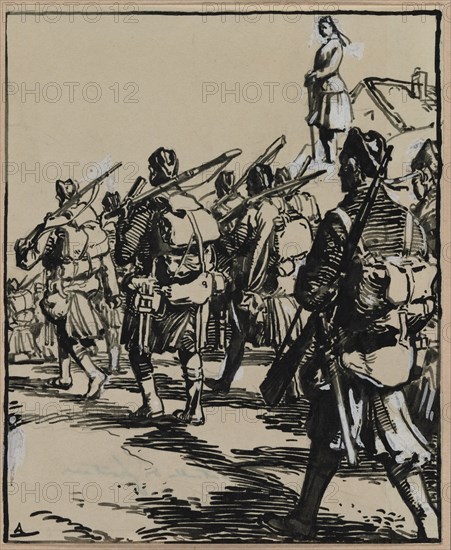 Bataille des frontières: groupe des soldats britanniques, 1914. Creator: Auguste Louis Lepère (French, 1849-1918).