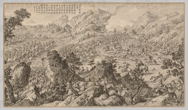 Battle at Aerchuer: from Battle Scenes of the Quelling of Rebellions..., c. 1765-1774; poem dated 17 Creator: Jean Damascene Sallusti (Italian, d. 1781).