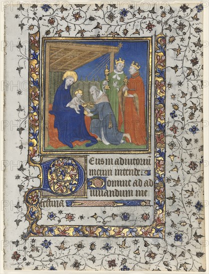 Bifolio from a Book of Hours: Adoration of the Magi, c. 1415. Creator: Boucicaut Master (French, Paris, active about 1410-25), workshop of.