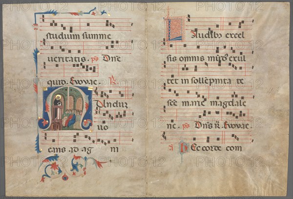 Bifolium from an Antiphonary: Initial M with Saint Dominic Preaching, c. 1320-1340. Creator: Primo Miniatore di San Domenico (Italian).