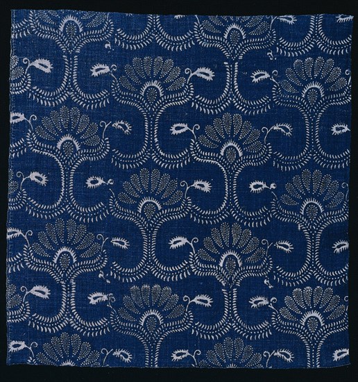 Blue Indigo Resist Print with Stylized Leaf Design, 1790. Creator: Unknown.