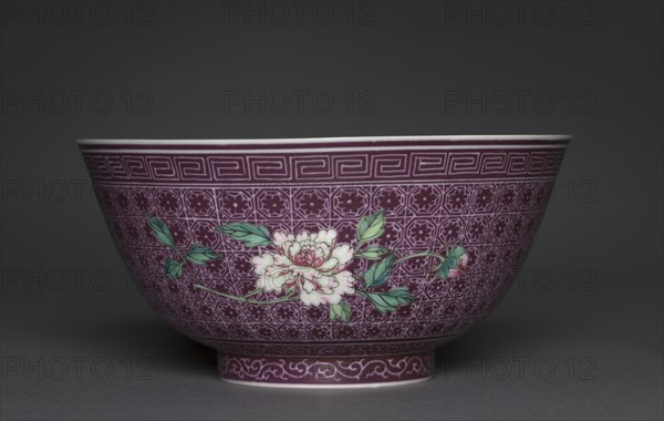 Bowl with Peony Sprays on Diaper Ground (exterior); Chrysanthemum Sprays (interior), 1736-1795. Creator: Unknown.