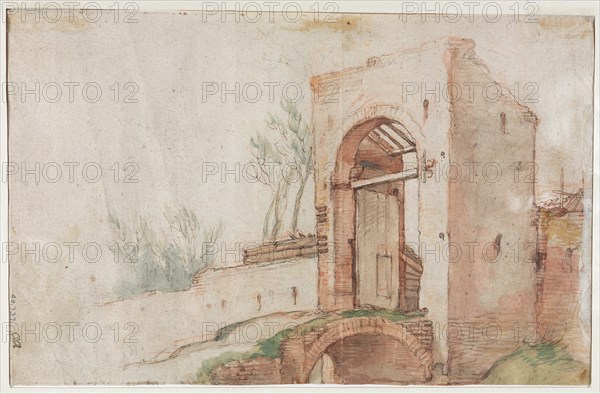 Bridge and Gate (verso), c. 1600. Creator: Abraham Bloemaert (Dutch, 1564-1651).