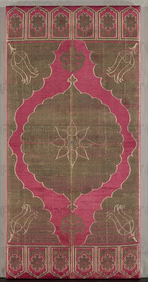 Brocaded Silk Cushion Cover & Iranian Striped Silk Surround, early 1600s. Creator: Unknown.