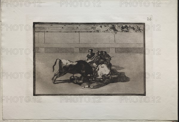 Bullfights: A Picador is Unhorsed and Falls Under the Bull, 1876. Creator: Francisco de Goya (Spanish, 1746-1828).