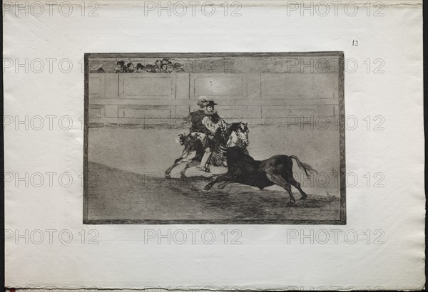 Bullfights: A Spanish Mounted Knight in the Ring Breaking Short Spears Without the Help..., 1876. Creator: Francisco de Goya (Spanish, 1746-1828).