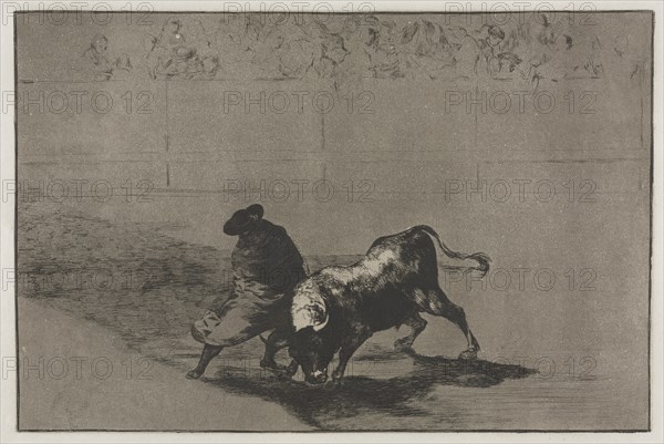 Bullfights: The Very Skilful Student of Falces, Wrapped in his Cape, Tricks the Bull..., 1876. Creator: Francisco de Goya (Spanish, 1746-1828).