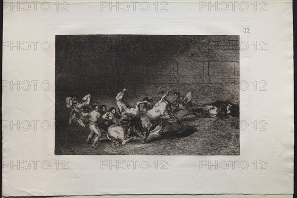 Bullfights: Two Teams of Picadors Thrown One After the Other by a Single Bull, 1876. Creator: Francisco de Goya (Spanish, 1746-1828).