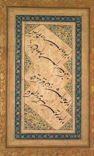 Calligraphy from a Ghazal of Badr al-Din Hilali Jaghata?i (Persian, active c. 1500), c. 1550. Creator: Faqir Ali (Persian, active c. 1550-1610).