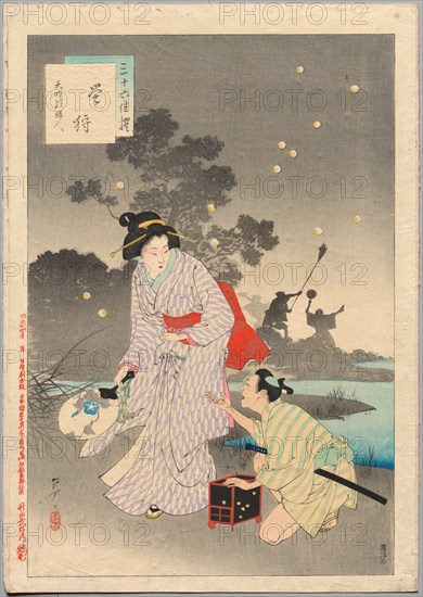 Chasing Fireflies, A Lady of the Tenmei Era (1781-1789)..., 1894. Creator: Mizuno Toshikata (Japanese, 1866-1908).