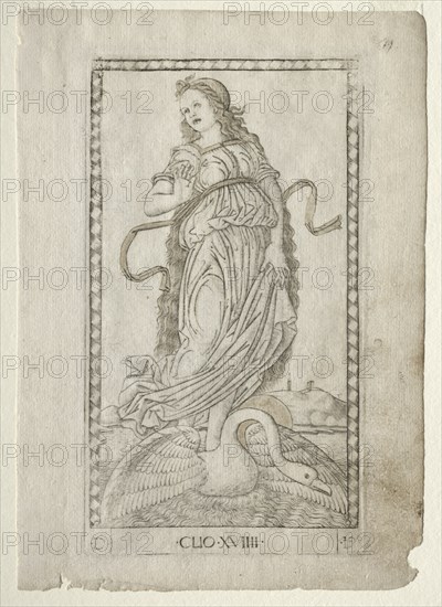 Clio (history) (from the Tarocchi series D: Apollo and the Muses, #19), before 1467. Creator: Master of the E-Series Tarocchi (Italian, 15th century).