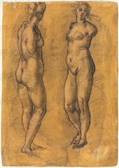 Copy of an Antique Statue of a Standing Woman (two views), over a Sketch of a Putto, 1570s. Creator: Jacopo Chimenti (Italian, c. 1554-1640).