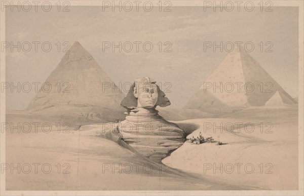 Egypt and Nubia: Volume I - No. 18, The Great Sphinx, Pyramids of Gizeh, Front View, 1839. Creator: Louis Haghe (British, 1806-1885).