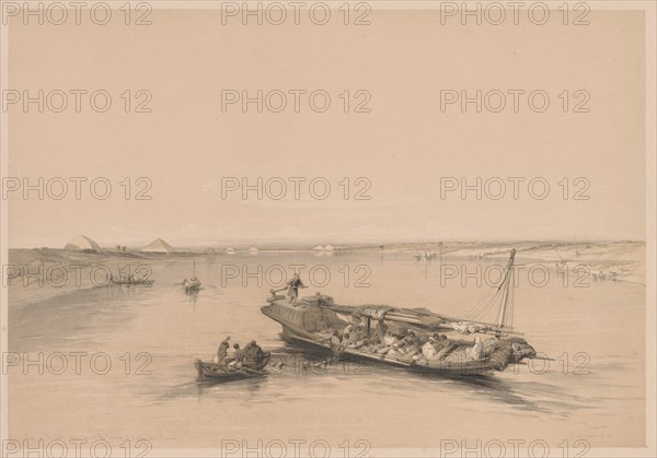 Egypt and Nubia: Volume I - No. 4, Slave Boats on the Nile, View Looking Towards..., 1838. Creator: Louis Haghe (British, 1806-1885).