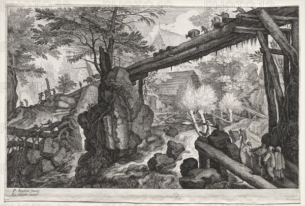 Eight Bohemian Landscapes: Landscape with Log Bridge over Cataract, c. 1610-1615. Creator: Aegidius Sadeler (Flemish, c. 1570-1629).