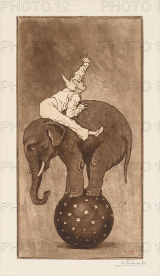 Elephant and Clown (LElephant et le Clown), c. 1889. Creator: Henri Charles Guérard (French, 1846-1897).