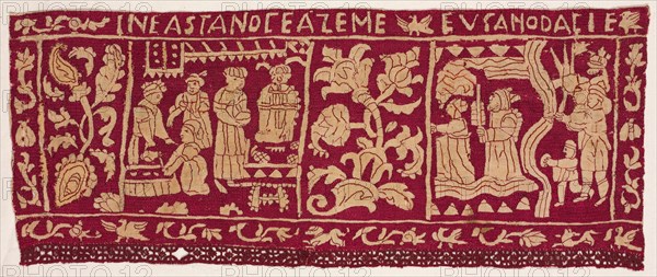 Embroidered Border: The Making of Unleavened Bread and the Israelites Sent Away, 1500s-1600s. Creator: Unknown.